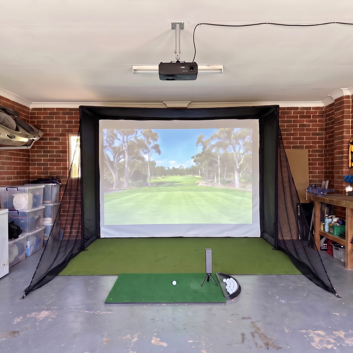 Kaizen Golf CLUB Champion Golf Simulator Package in a home garage